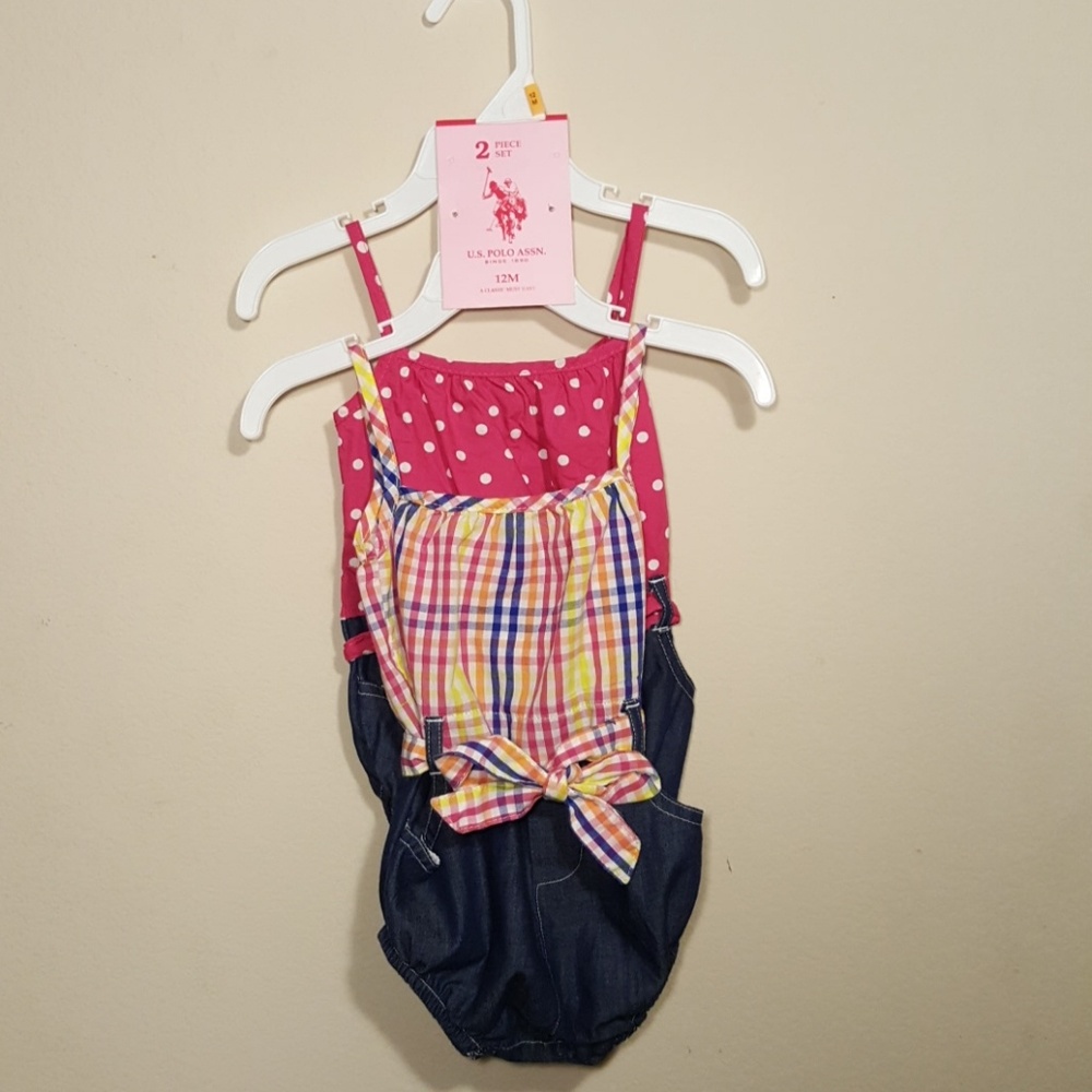 U.S. Polo Assn. Baby Girls Denim Romper 2 pc set